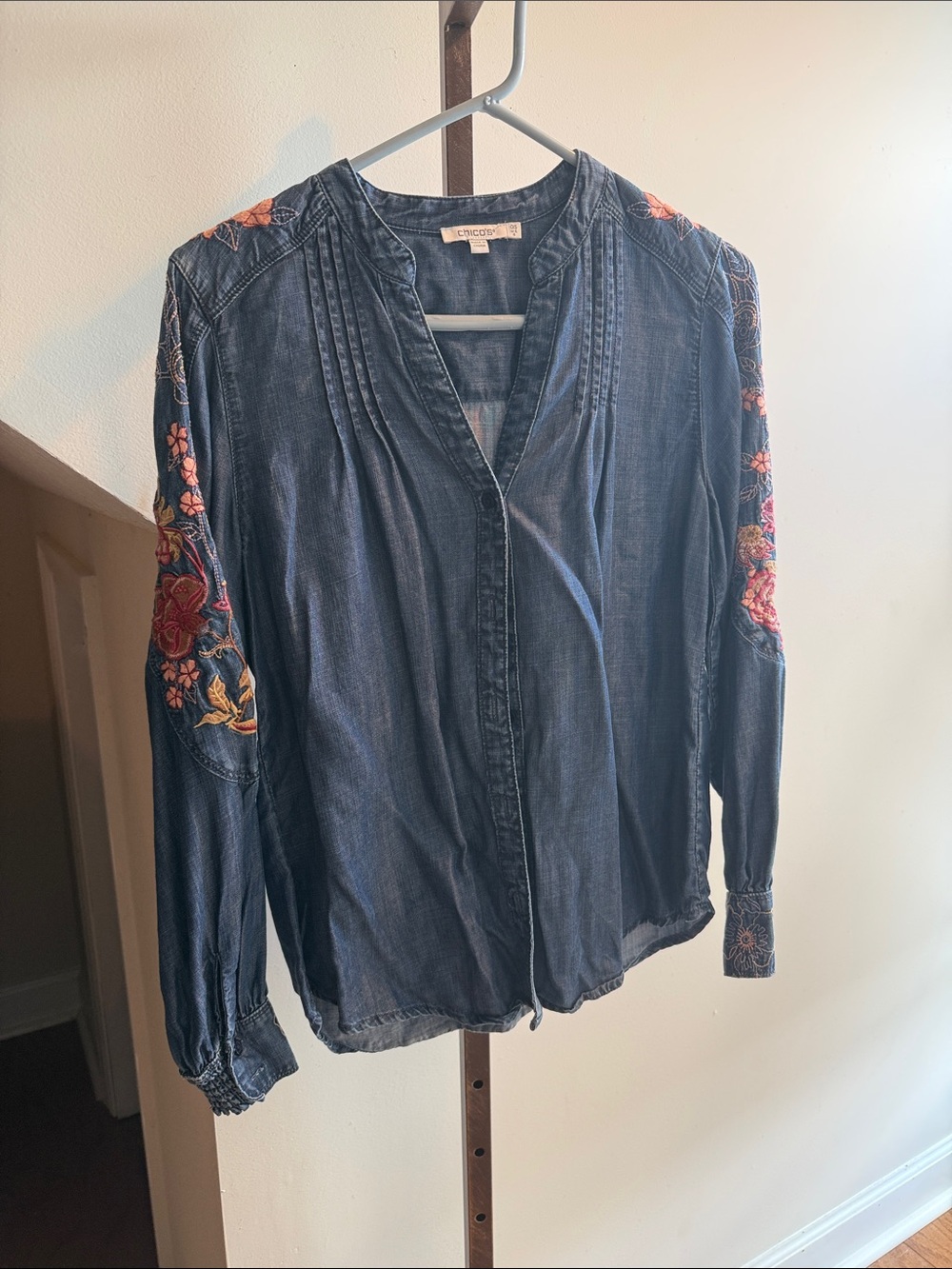Chico’s Denim Blue Embroidered Long-Sleeve Women's Top